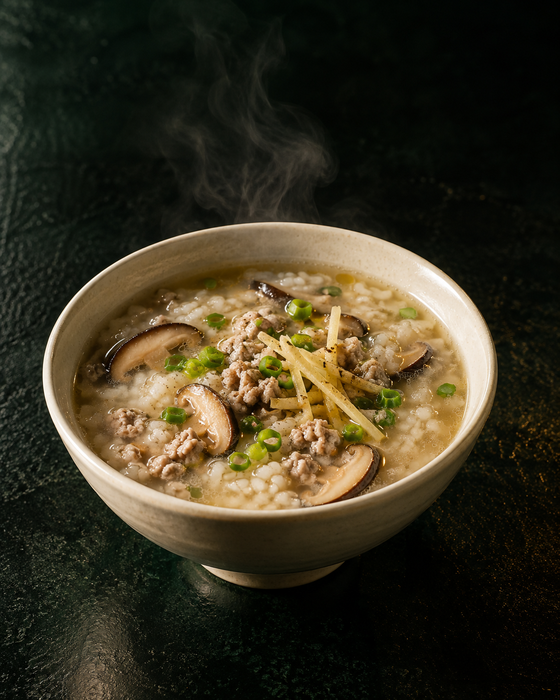 An illustrative bowl of Khao Tom with minced pork, shiitake and ginger in a light rice broth